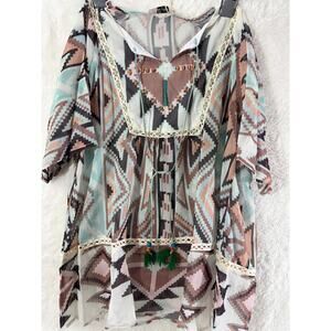 Delila 100 Polyester Boho Aztec-print Flowy tunic Sheer lightweight Size Sm NWT